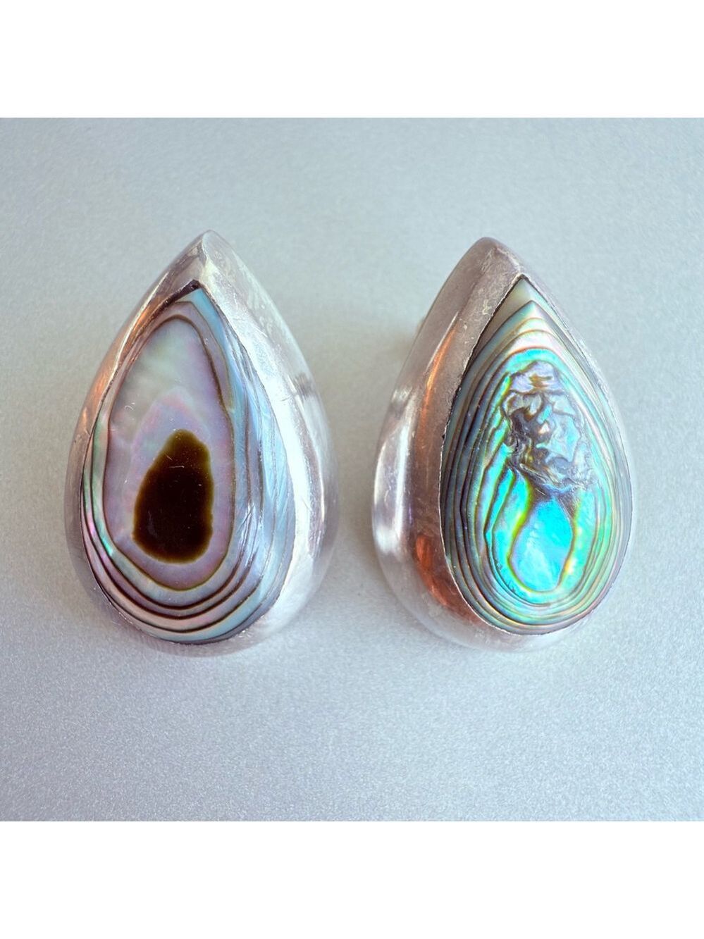 Modernist Abalone Shell 925 Sterling Silver Taxco Mexico Teardrop Stud Earrings